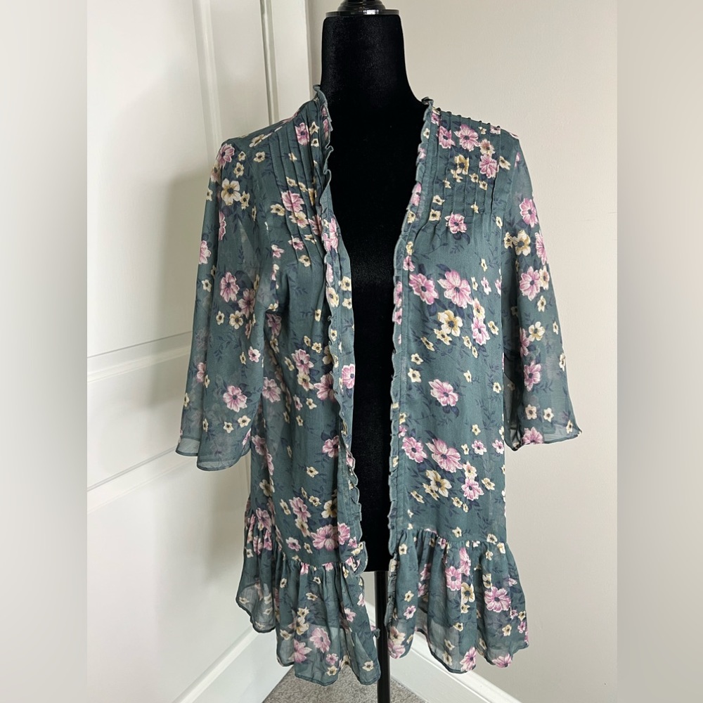 American Eagle Medium Blue Floral Sheer Cardigan
